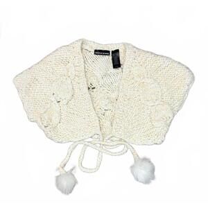 DKNY Jeans Cream Bulky Cable Knit Shrug Pom Ties Sm